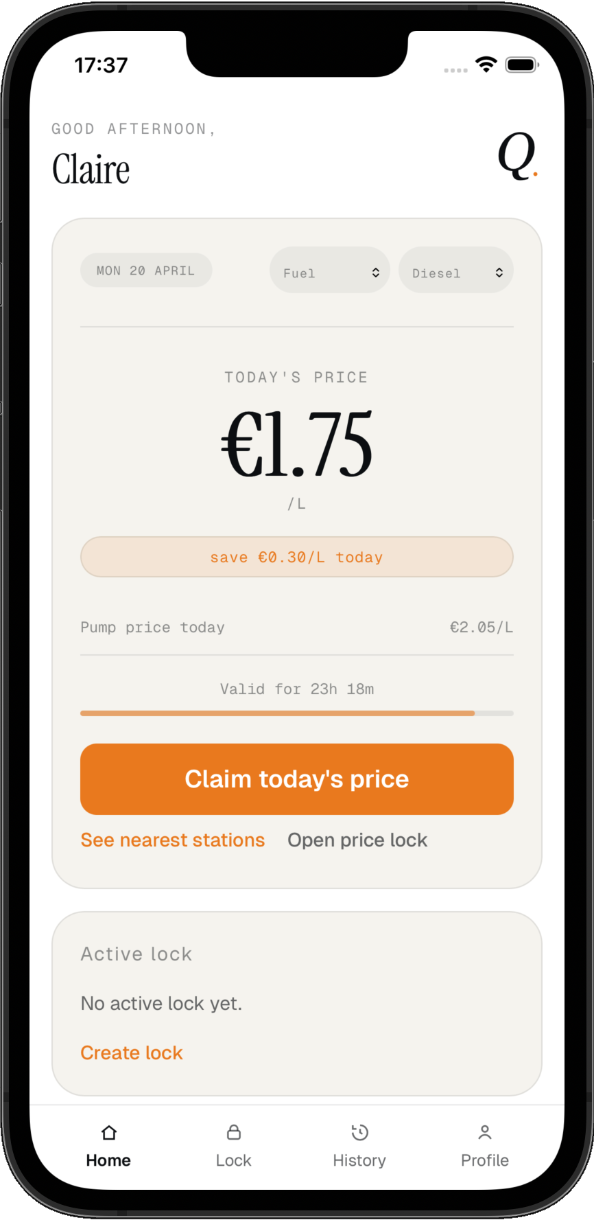 Quavvo app showing today's guaranteed fuel price
