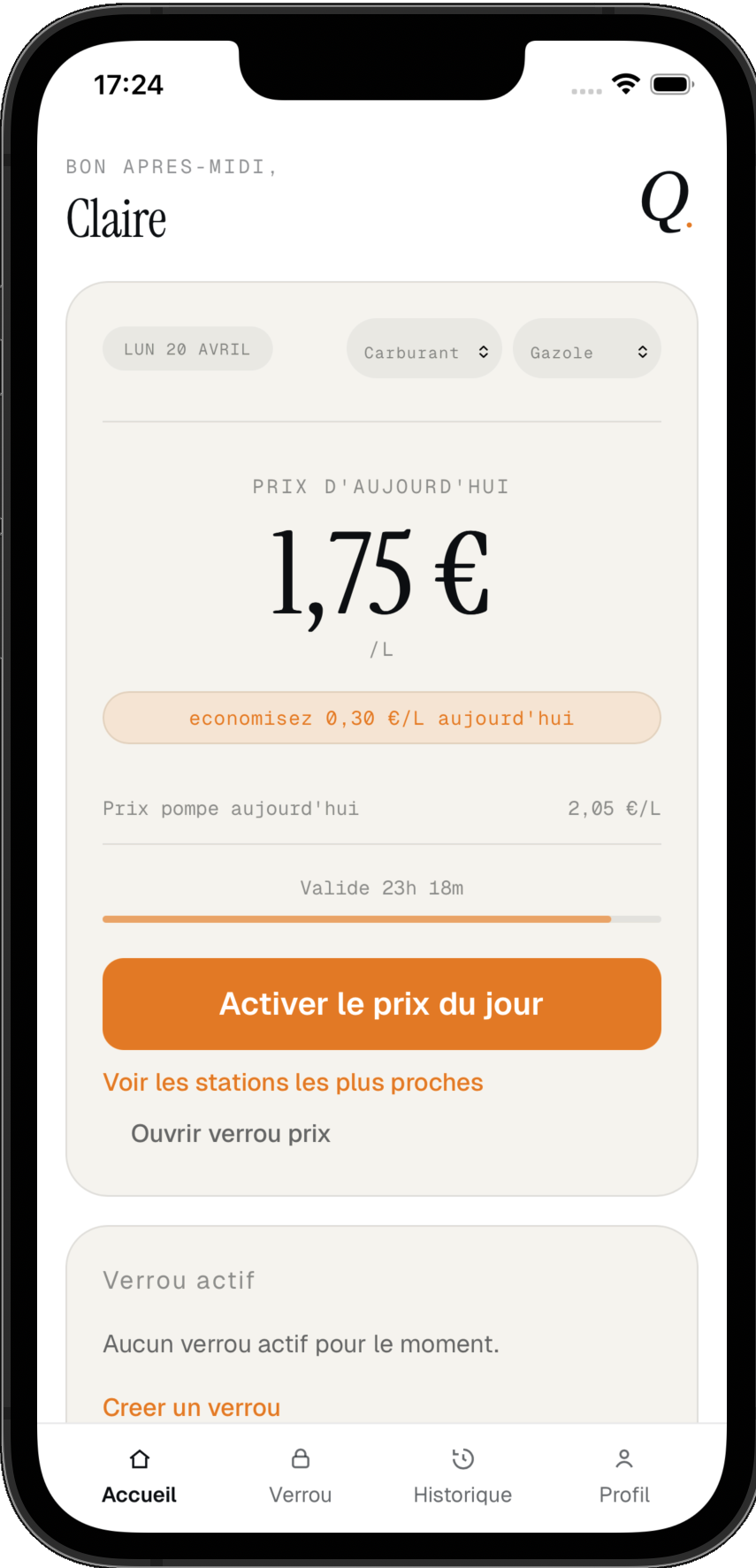 Application Quavvo affichant le prix du carburant garanti du jour